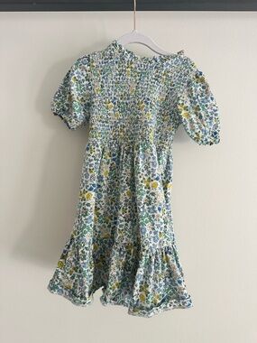 Boden Floral Smocked Puff-Sleeve Dress in White, Green & Yellow